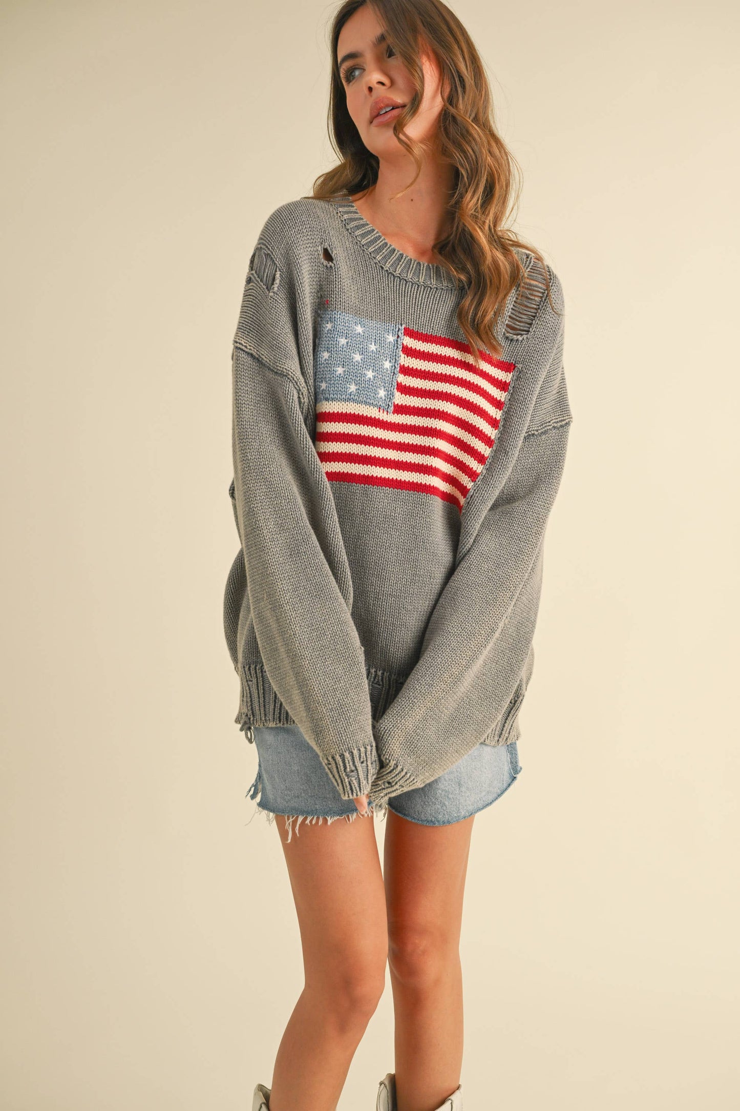 IT4043 FLAG DISTRESSED OVERSIZED KNIT SWEATER TOP