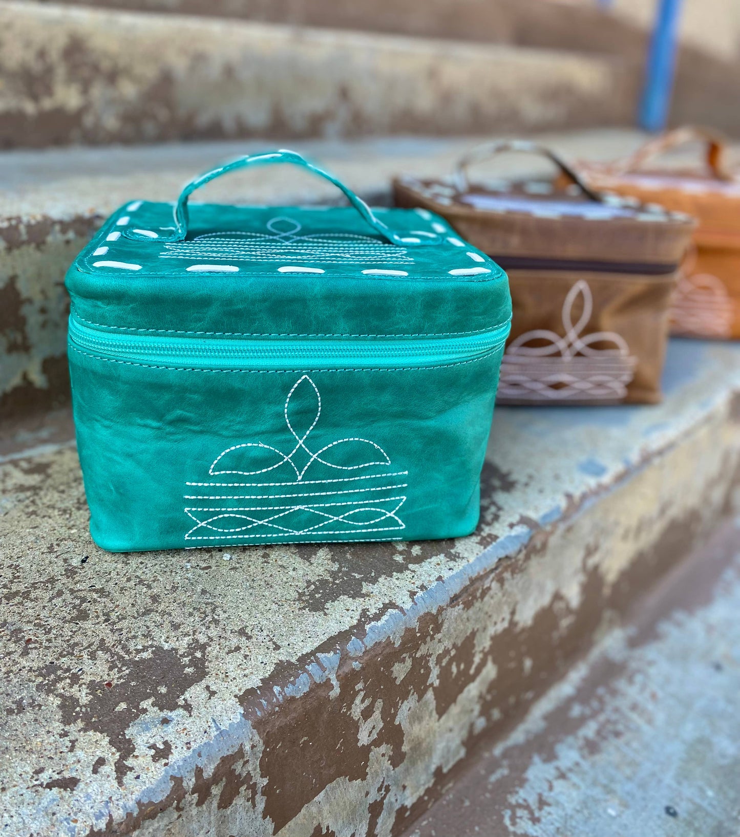 Turquoise BootStitch Makeup Bag with Handle