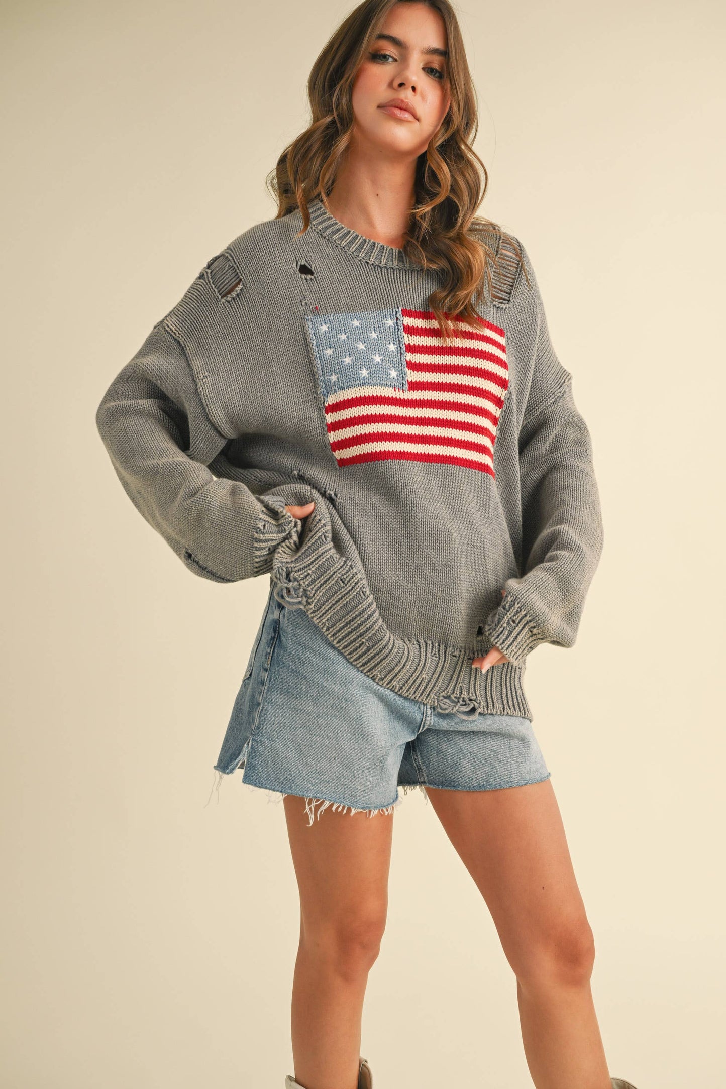 IT4043 FLAG DISTRESSED OVERSIZED KNIT SWEATER TOP