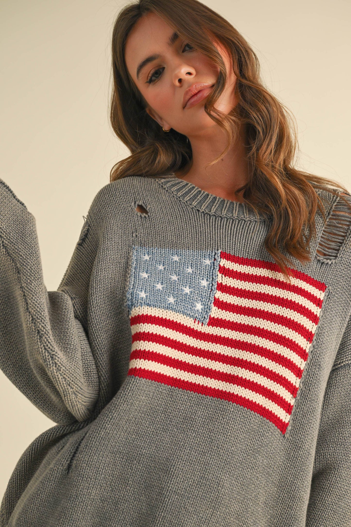 IT4043 FLAG DISTRESSED OVERSIZED KNIT SWEATER TOP