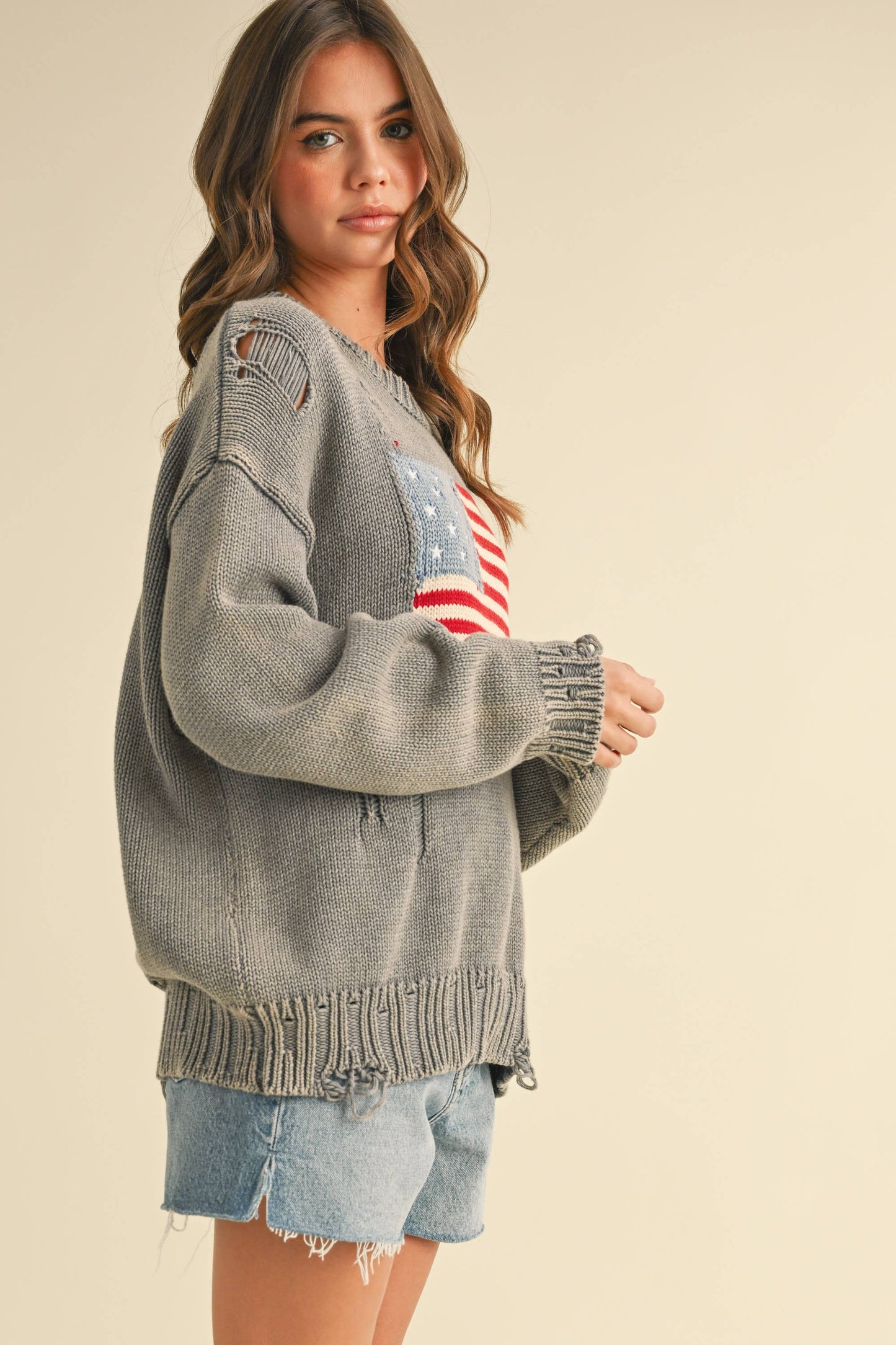 IT4043 FLAG DISTRESSED OVERSIZED KNIT SWEATER TOP