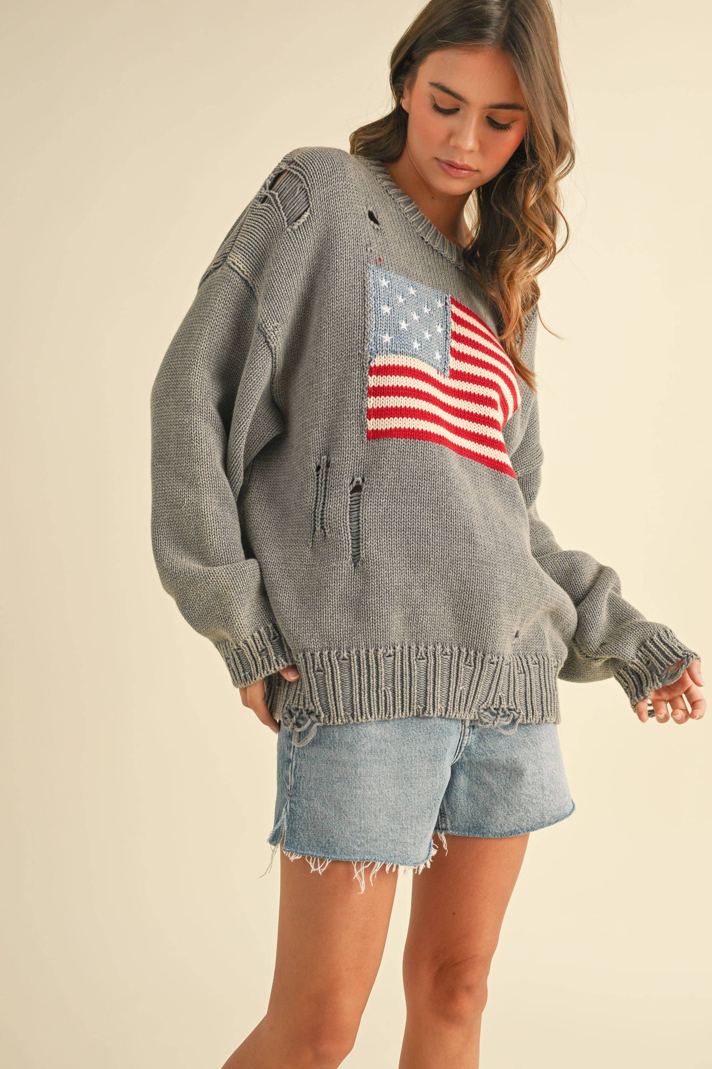 IT4043 FLAG DISTRESSED OVERSIZED KNIT SWEATER TOP