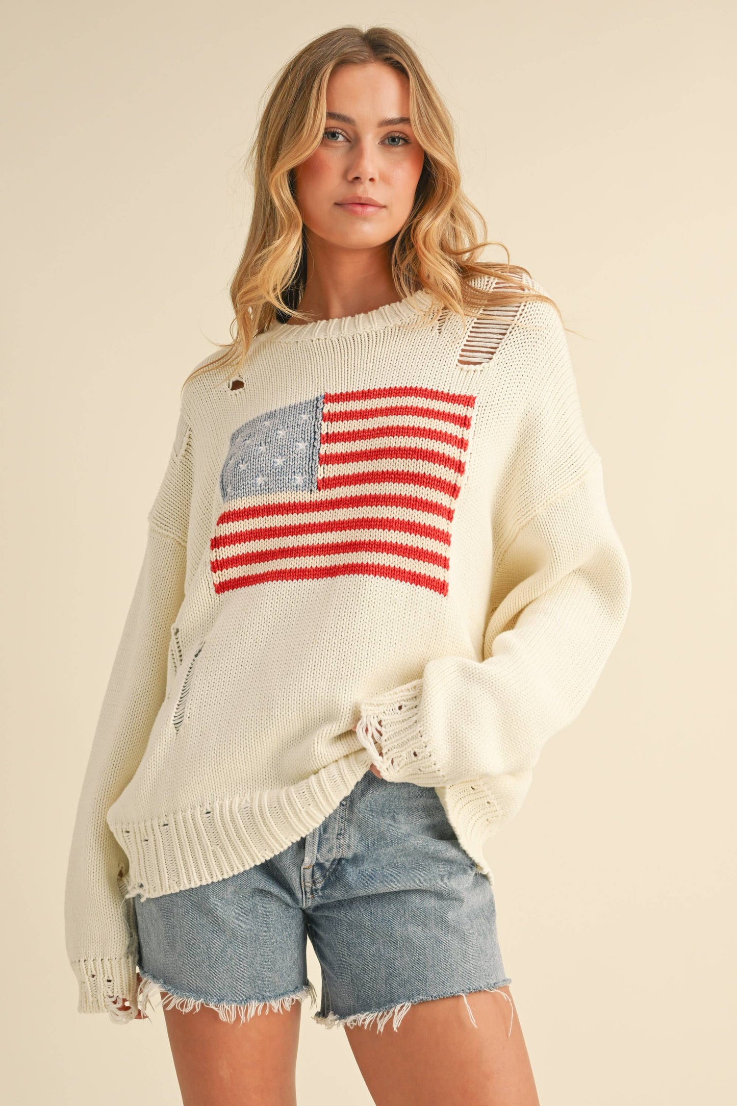 IT4043 FLAG DISTRESSED OVERSIZED KNIT SWEATER TOP