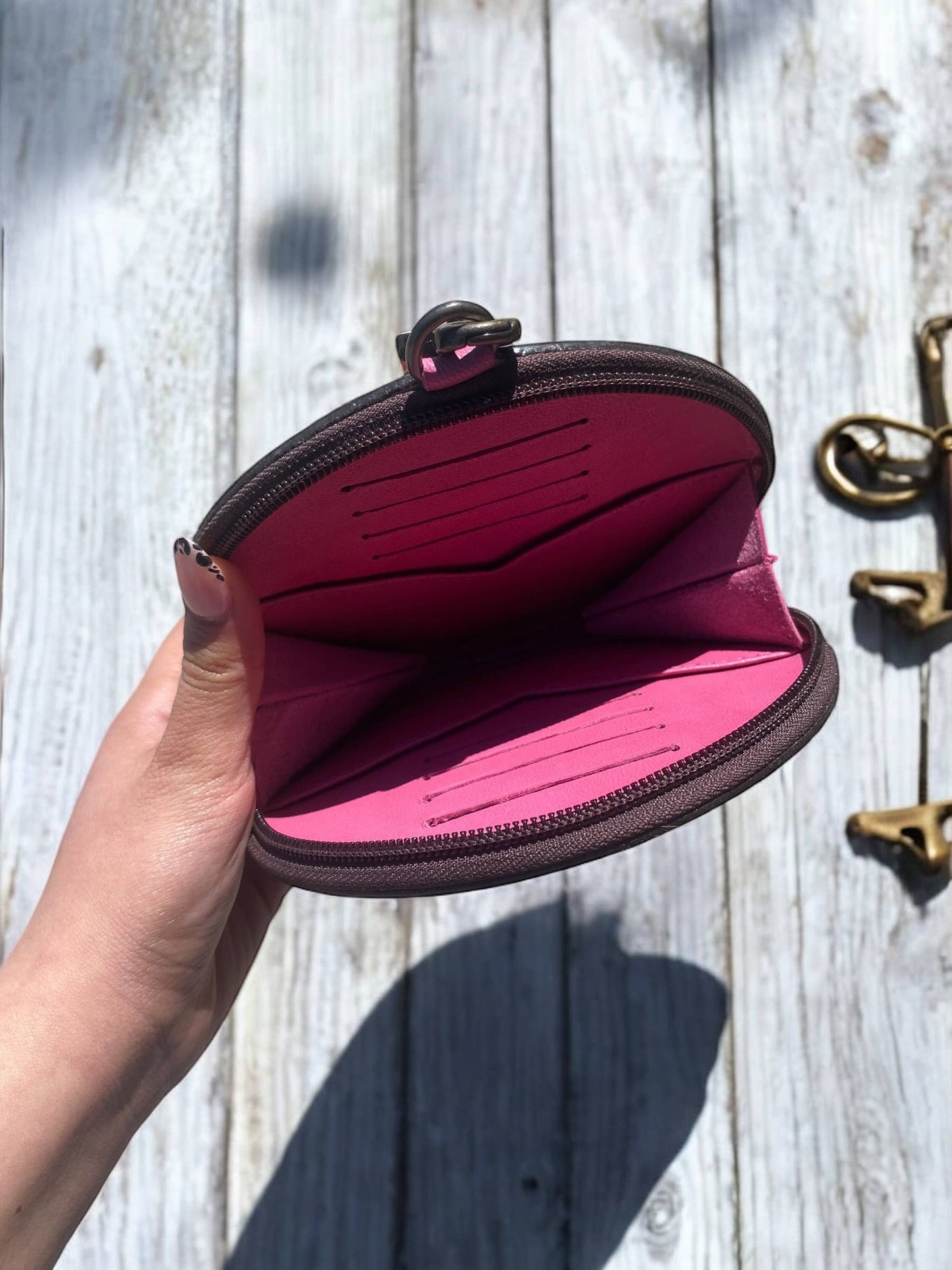 Cowhide Tooled Leather Round Wristlet
