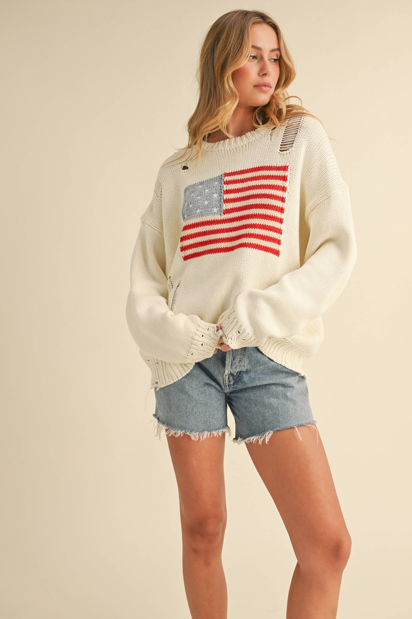 IT4043 FLAG DISTRESSED OVERSIZED KNIT SWEATER TOP