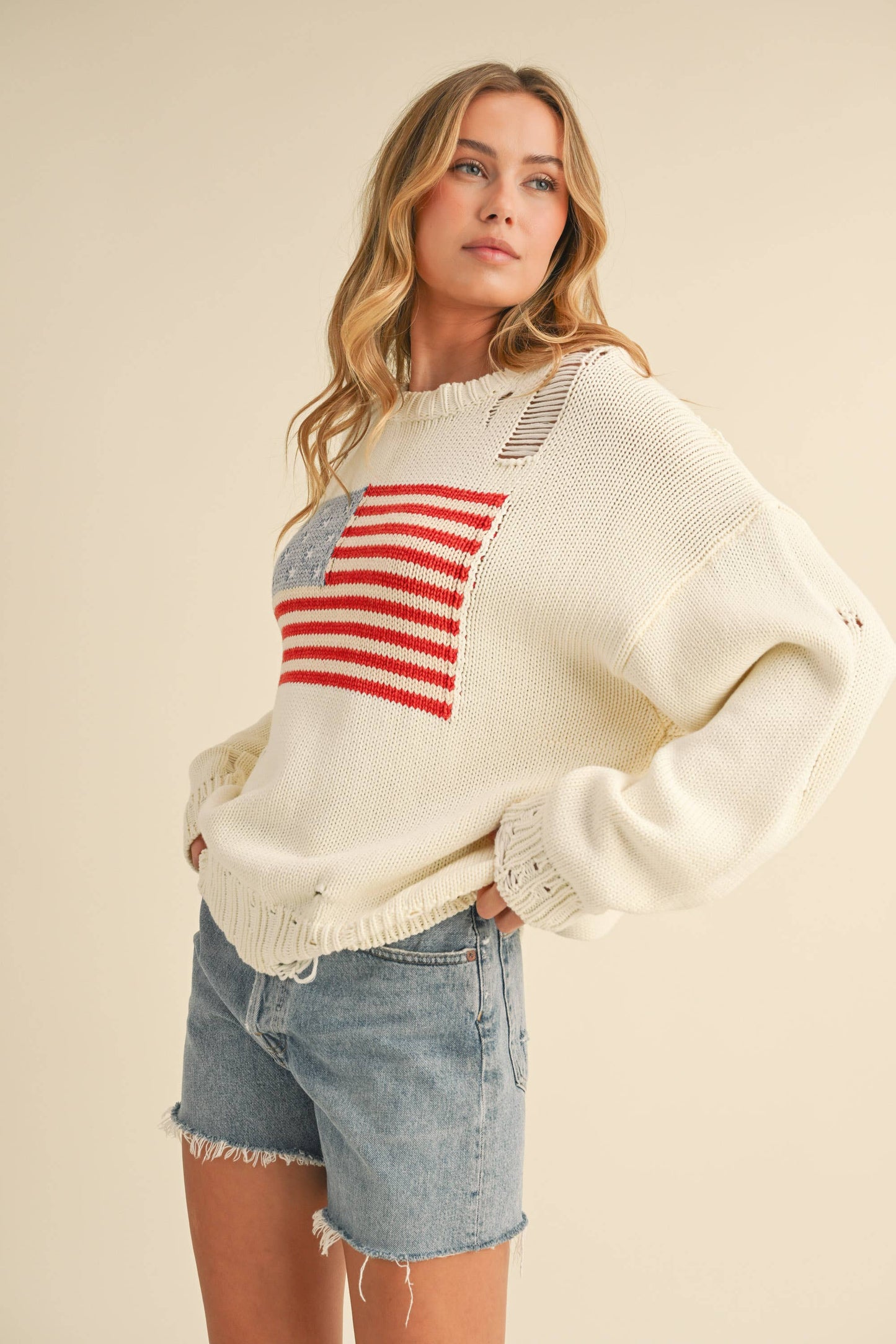 IT4043 FLAG DISTRESSED OVERSIZED KNIT SWEATER TOP