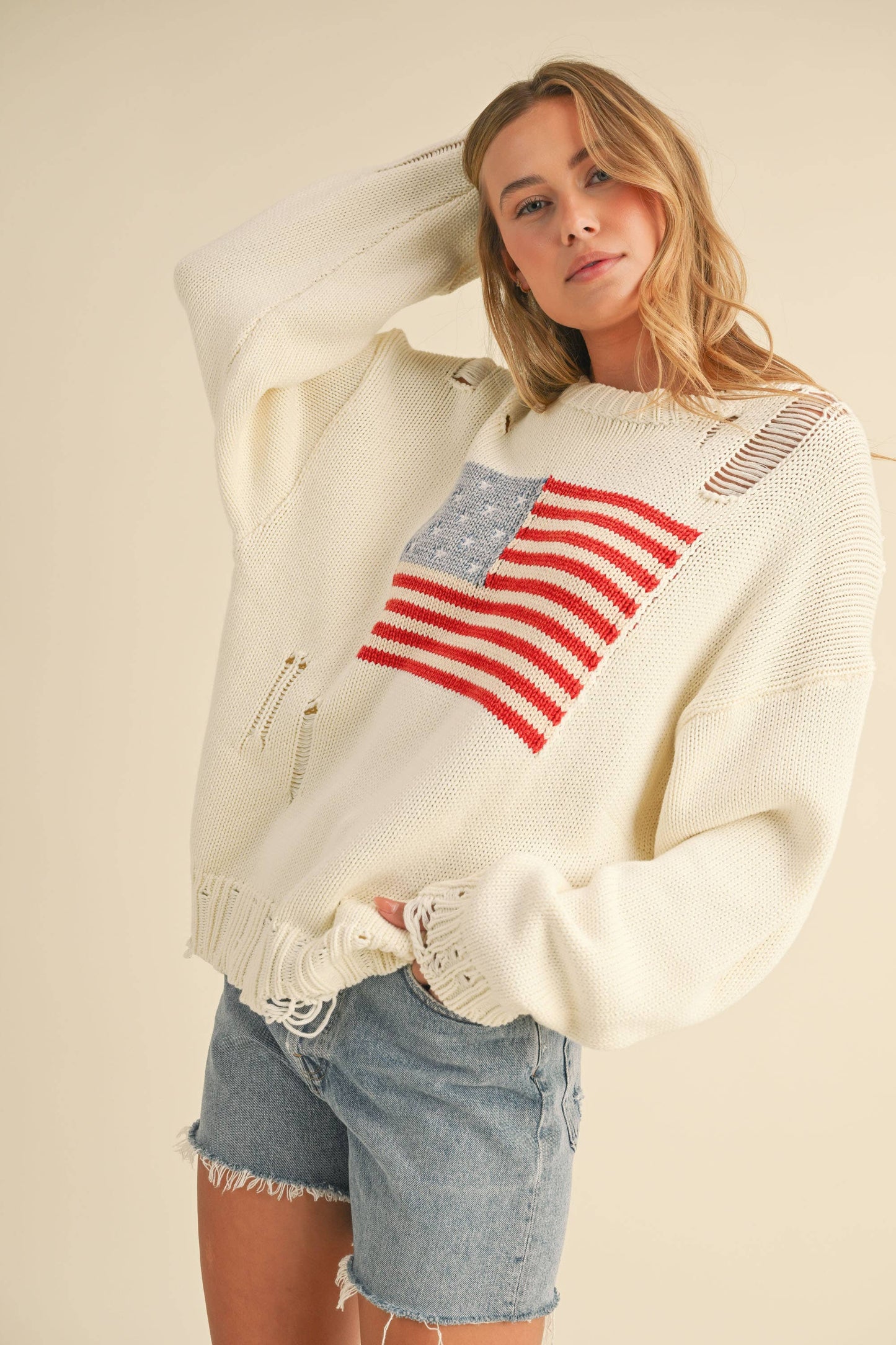IT4043 FLAG DISTRESSED OVERSIZED KNIT SWEATER TOP