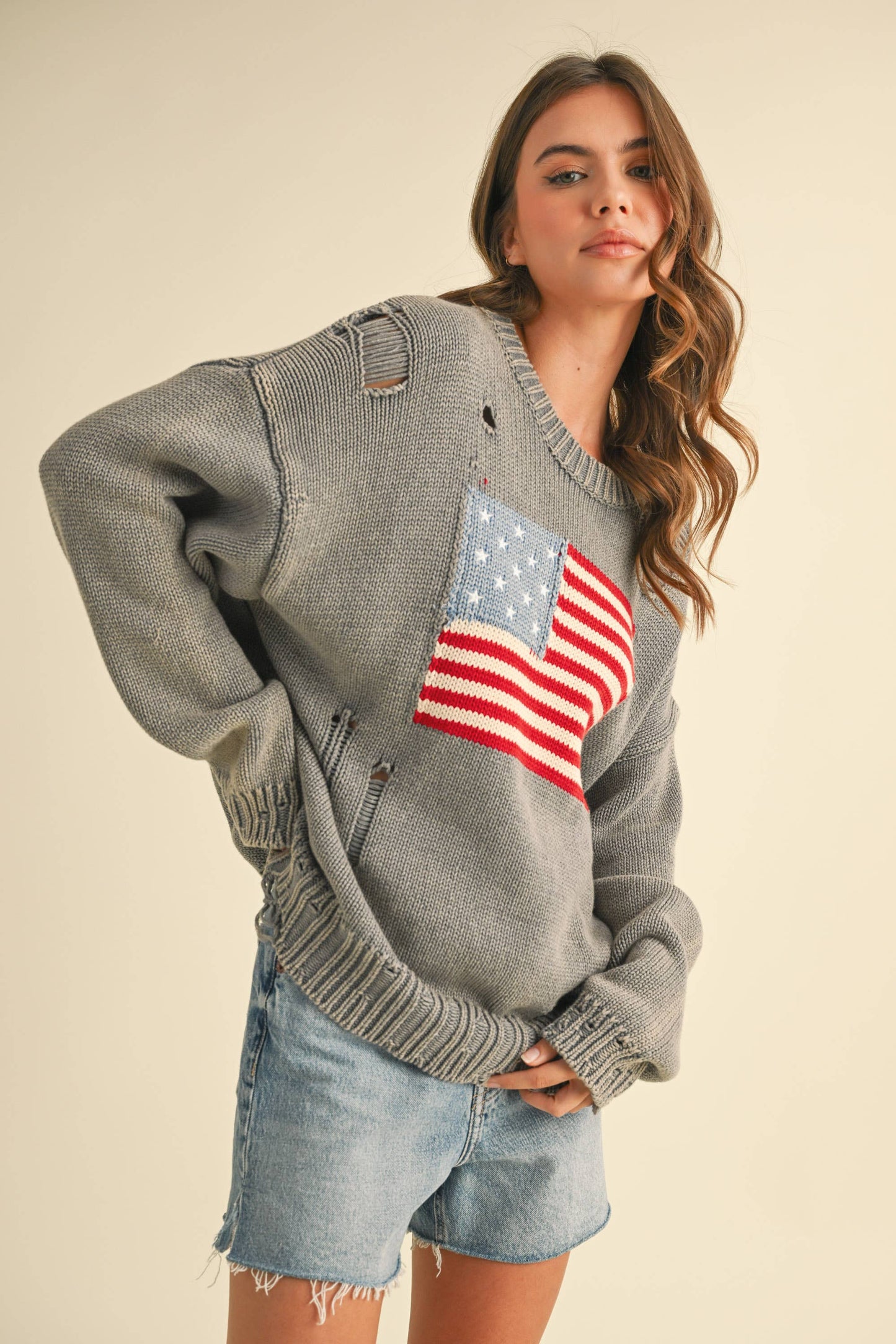 IT4043 FLAG DISTRESSED OVERSIZED KNIT SWEATER TOP