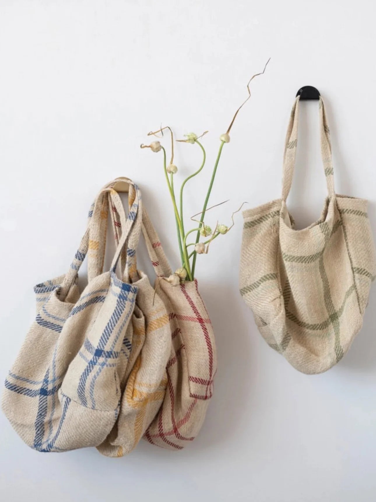 Jute Tote Bag w/ Grid Pattern, Handles & Interior Pocket, Blue