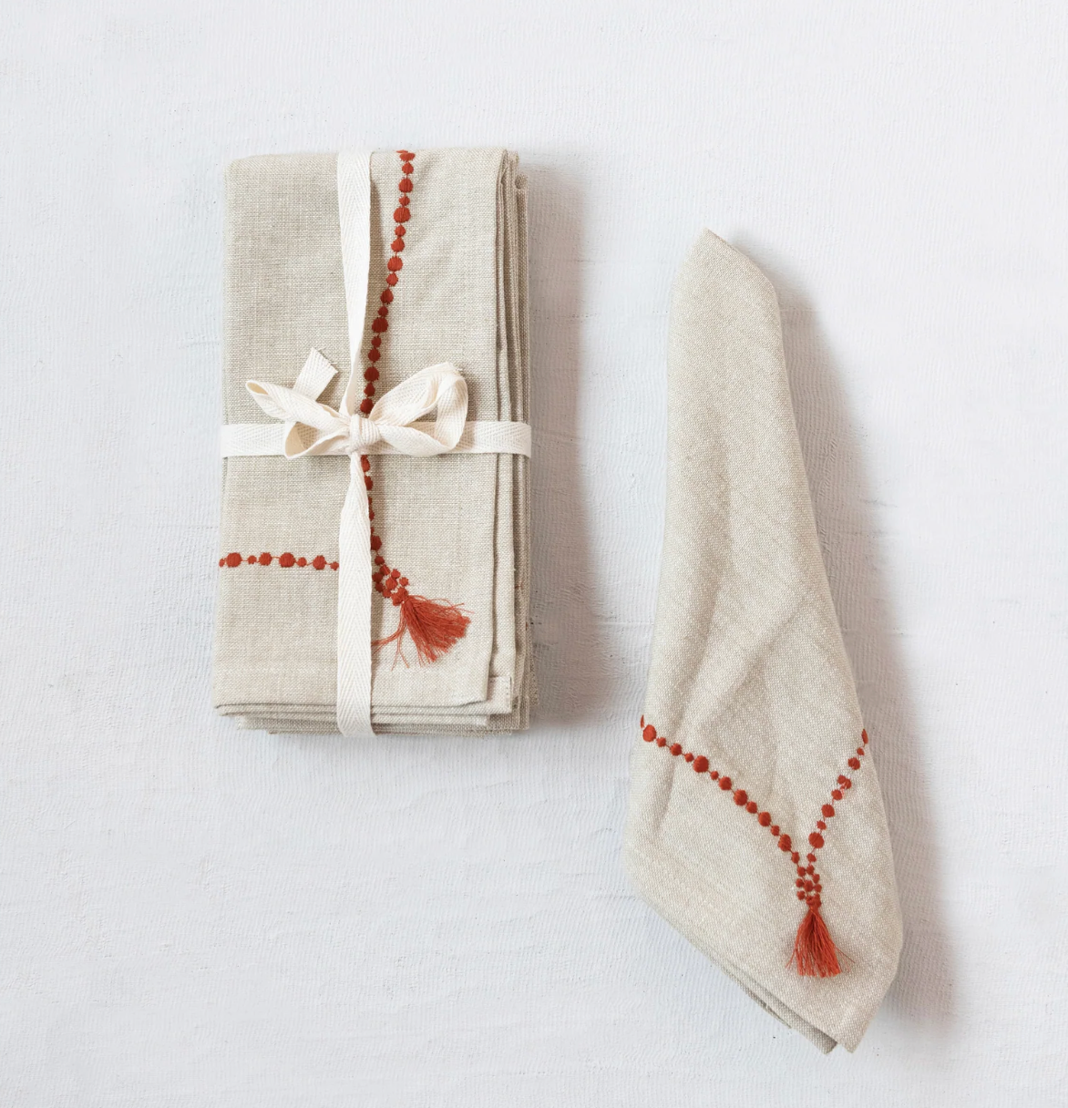 Cotton Chambray Napkins with Embroidery and Tassel
