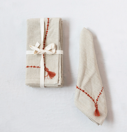 Cotton Chambray Napkins with Embroidery and Tassel