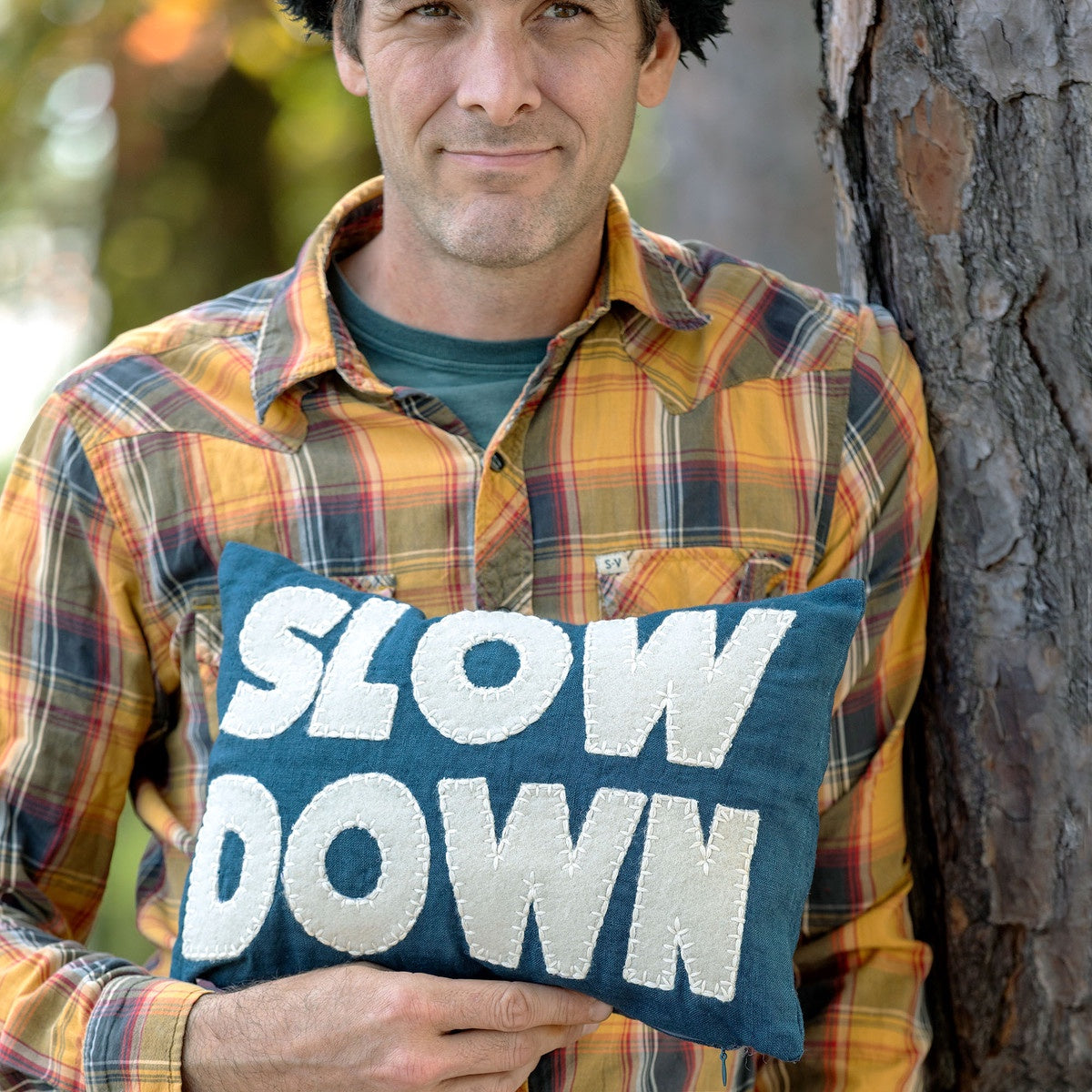 Slow Down" Appliqued Linen Pillow
