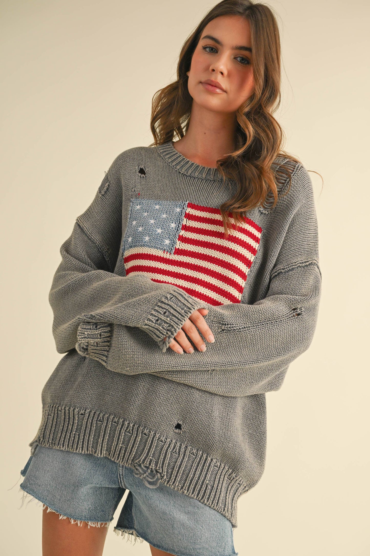 IT4043 FLAG DISTRESSED OVERSIZED KNIT SWEATER TOP
