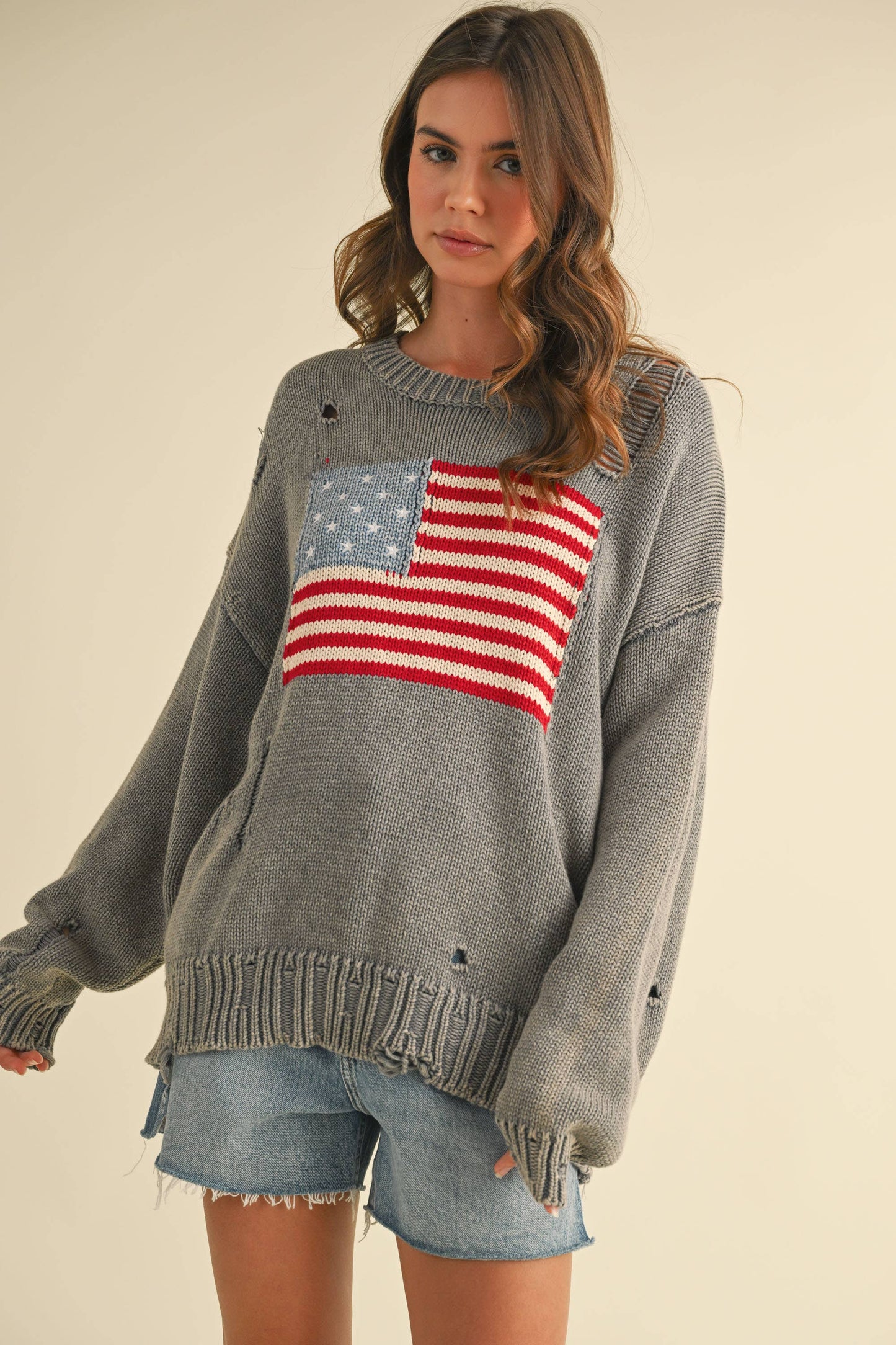 IT4043 FLAG DISTRESSED OVERSIZED KNIT SWEATER TOP