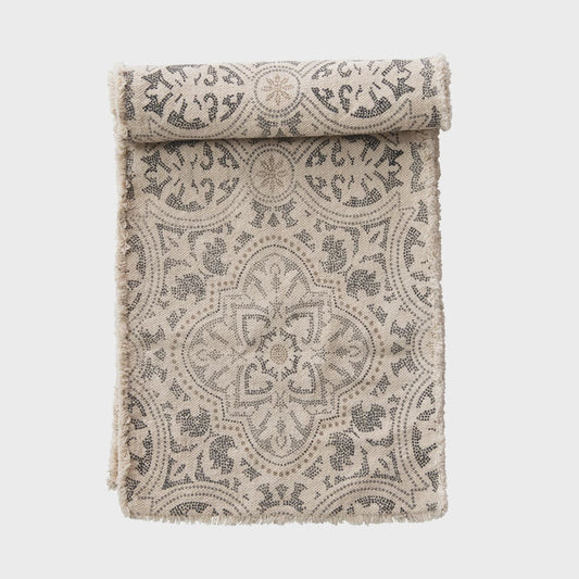 72"L x 14"W Cotton Printed Table Runner w/ Frayed Edge, Grey & Cream Color