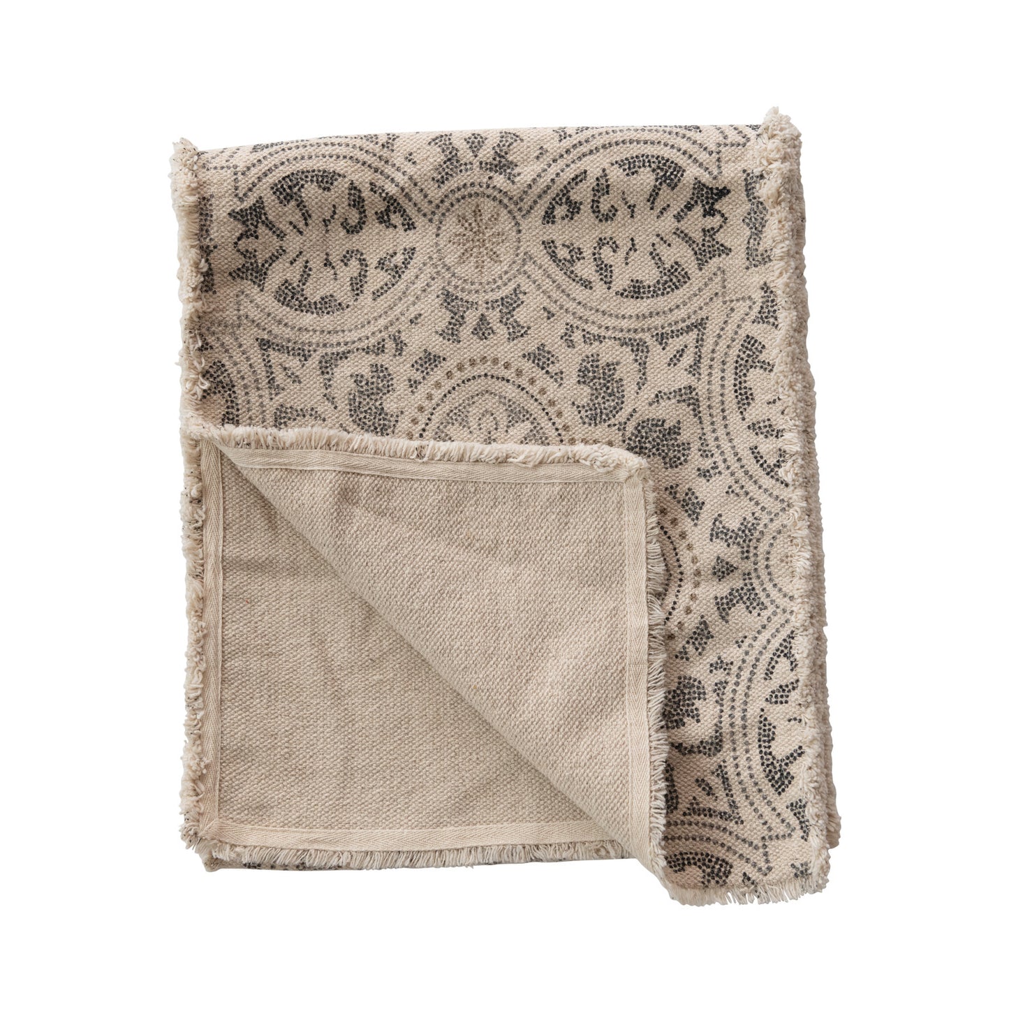 72"L x 14"W Cotton Printed Table Runner w/ Frayed Edge, Grey & Cream Color
