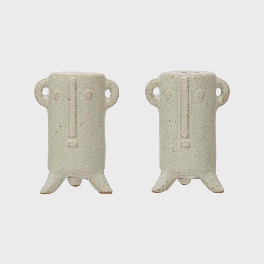 Stoneware Salt and Pepper Shakers with Face, Reactive Glaze, Set of 2
