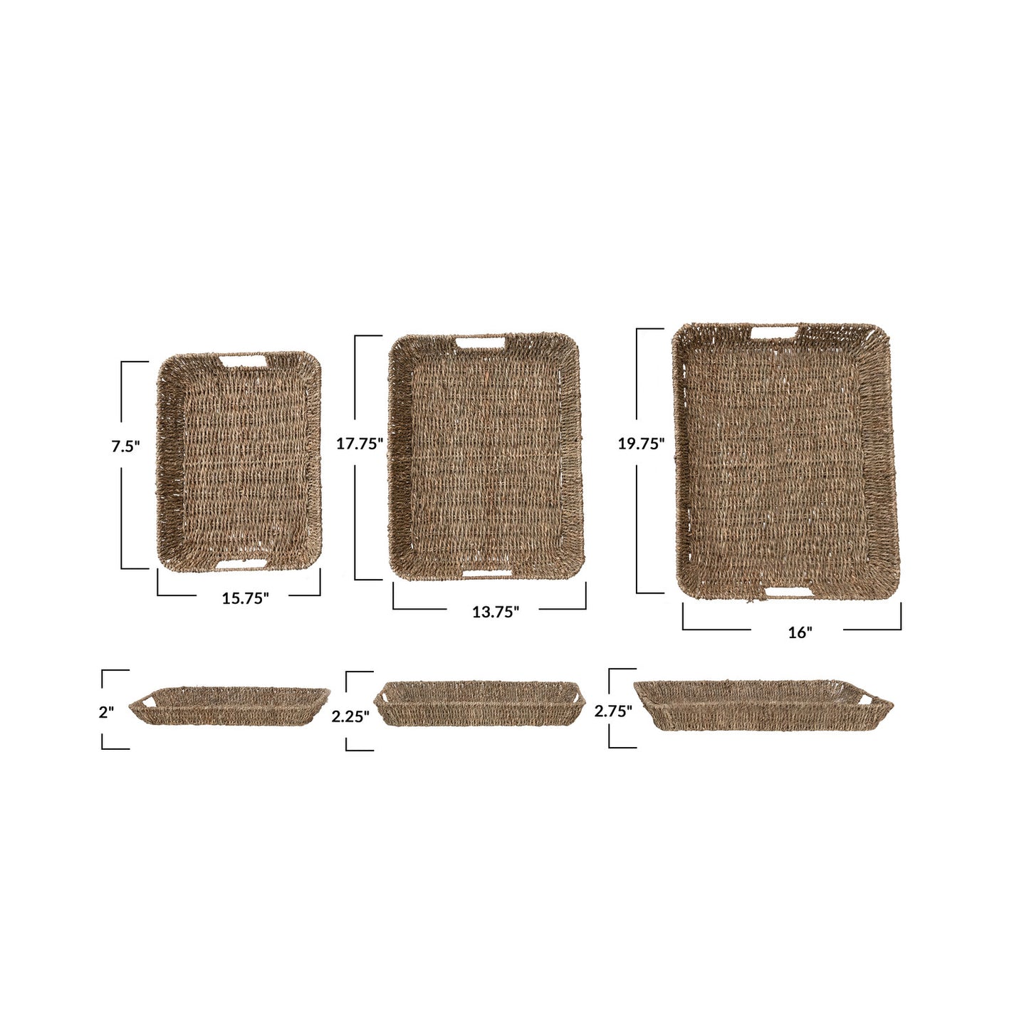 Decorative Hand-Woven Seagrass & Metal Trays w/ Handles, Natural