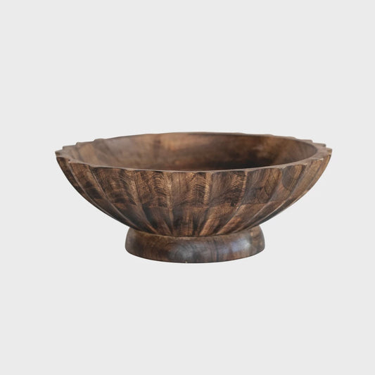 9-1/2" Round x 3-1/2"H Hand-Carved Mango Wood Footed Bowl w/ Scalloped Edge, Burnt Finish