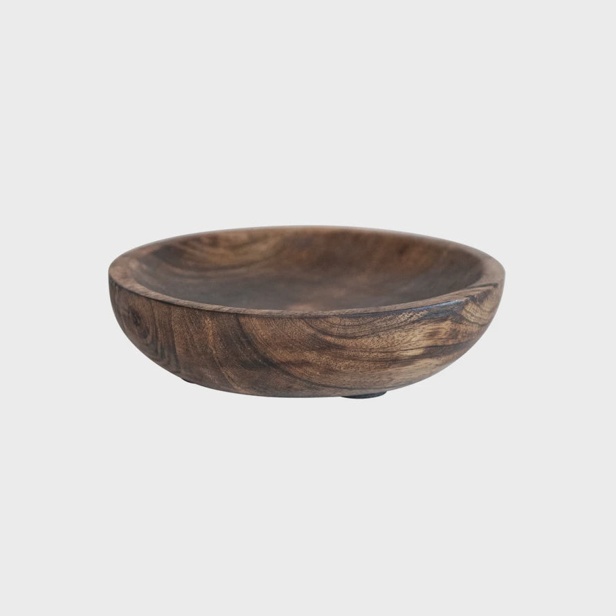 5-1/4" Round x 1-1/4"H Hand-Carved Mango Wood Dish, Burnt Finish