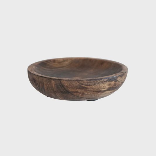 5-1/4" Round x 1-1/4"H Hand-Carved Mango Wood Dish, Burnt Finish