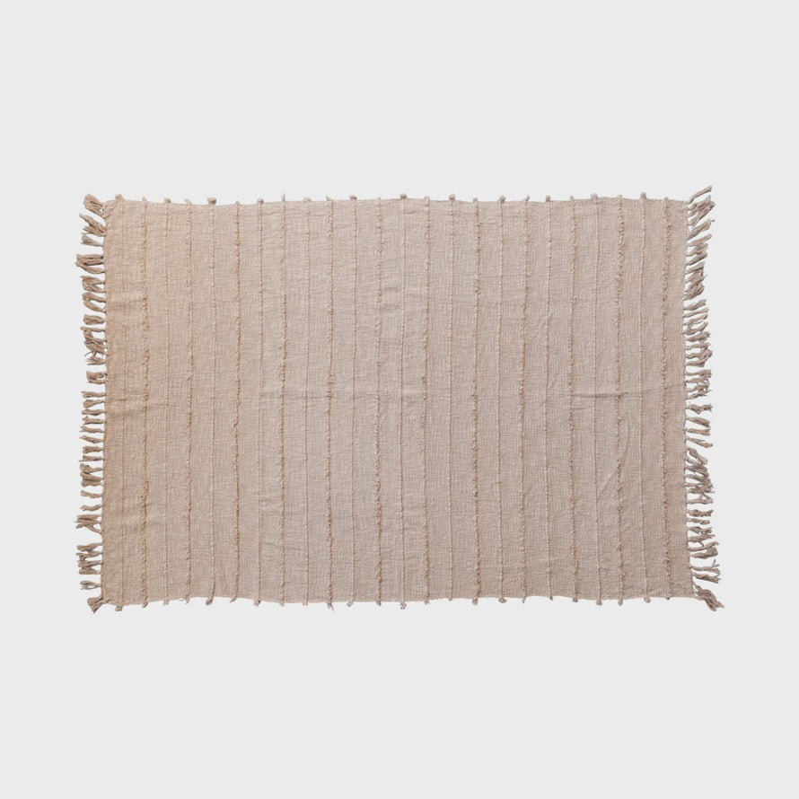 60"L x 50"W Woven Cotton Throw w Trim & Fringe, Beige