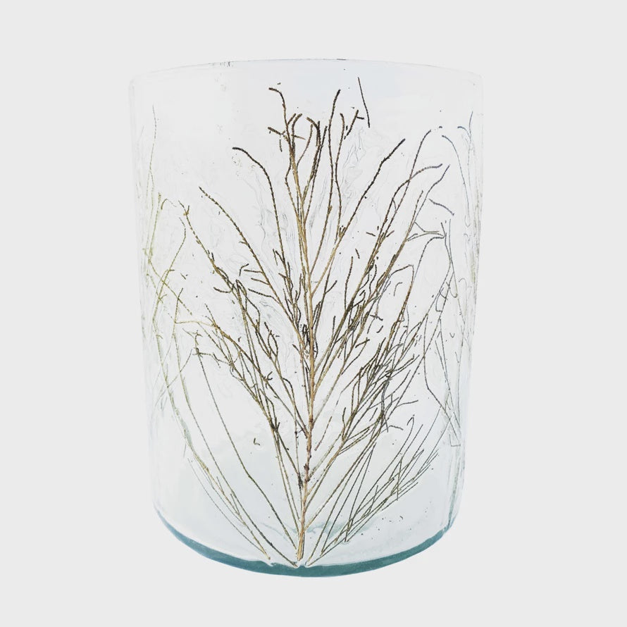Recycled Glass Candle Holder w/ Embedded Salt Cedar Leaves