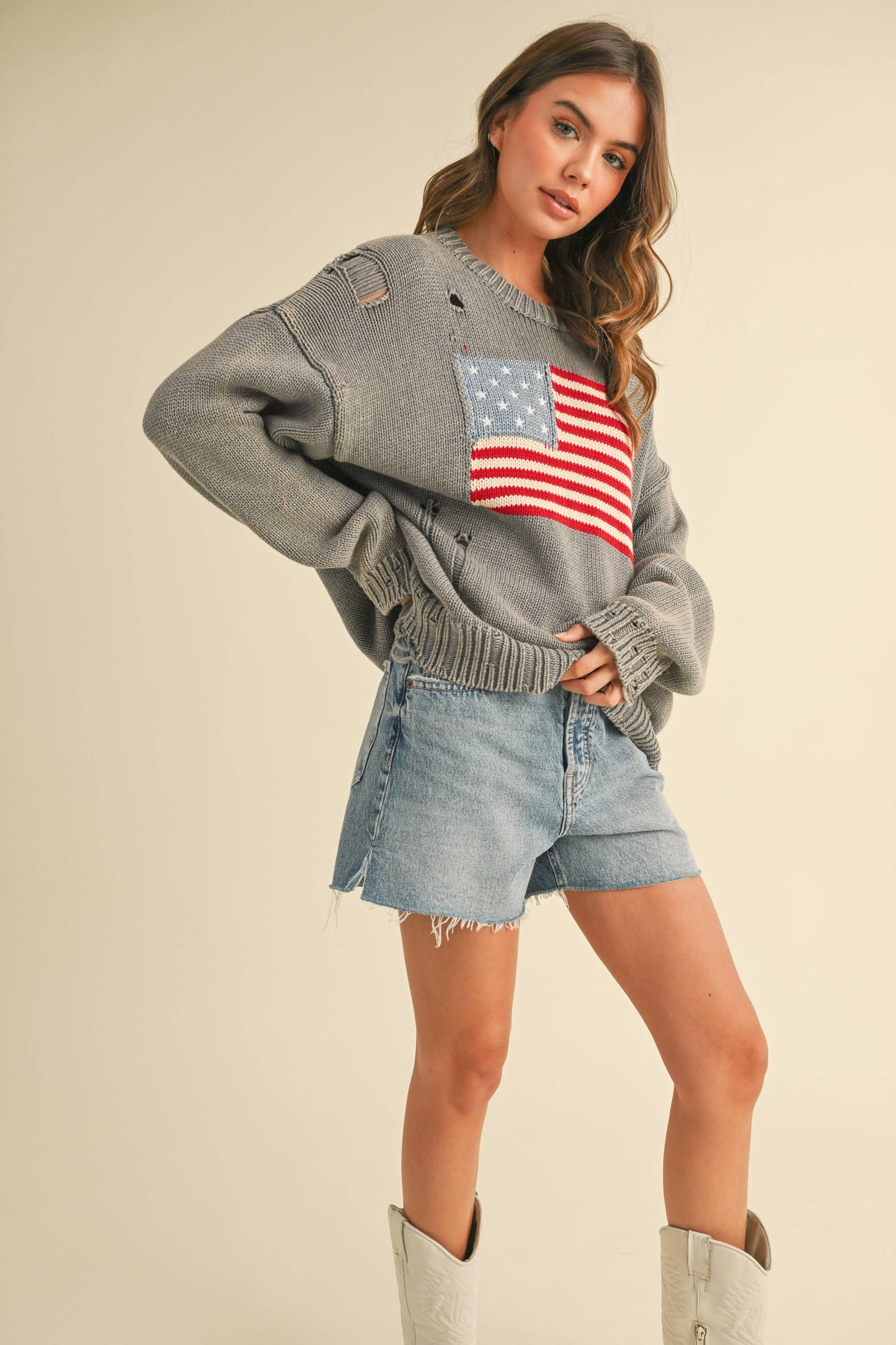 IT4043 FLAG DISTRESSED OVERSIZED KNIT SWEATER TOP