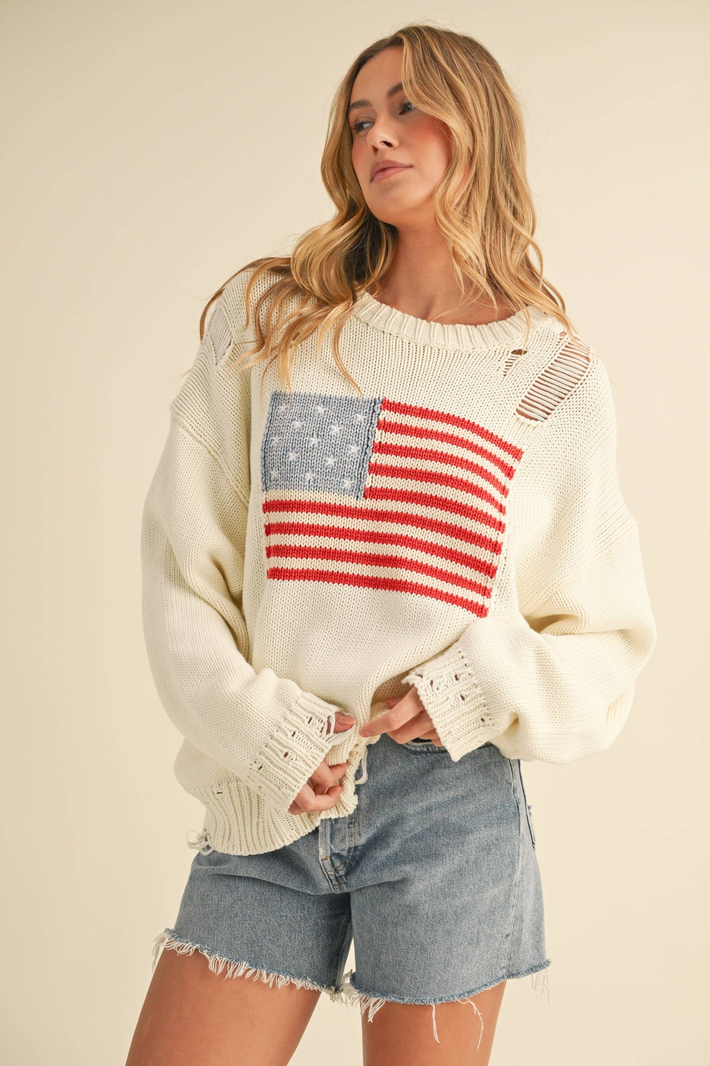 IT4043 FLAG DISTRESSED OVERSIZED KNIT SWEATER TOP
