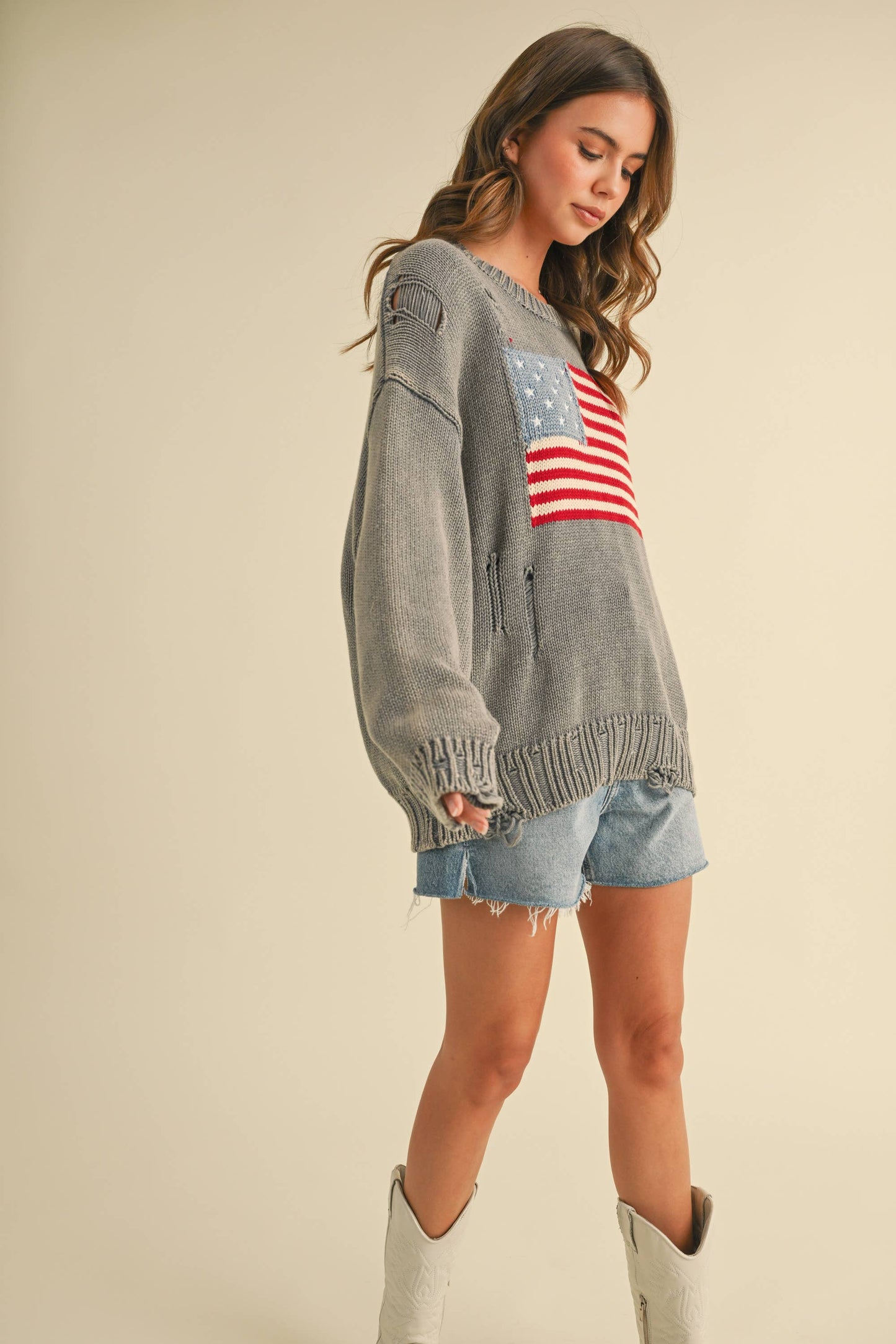 IT4043 FLAG DISTRESSED OVERSIZED KNIT SWEATER TOP