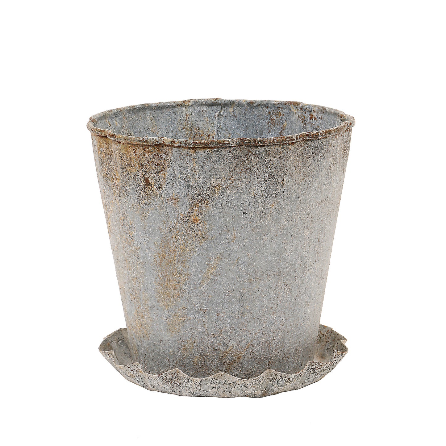 Distressed Metal Planter with Pleated Saucer, Set of 2