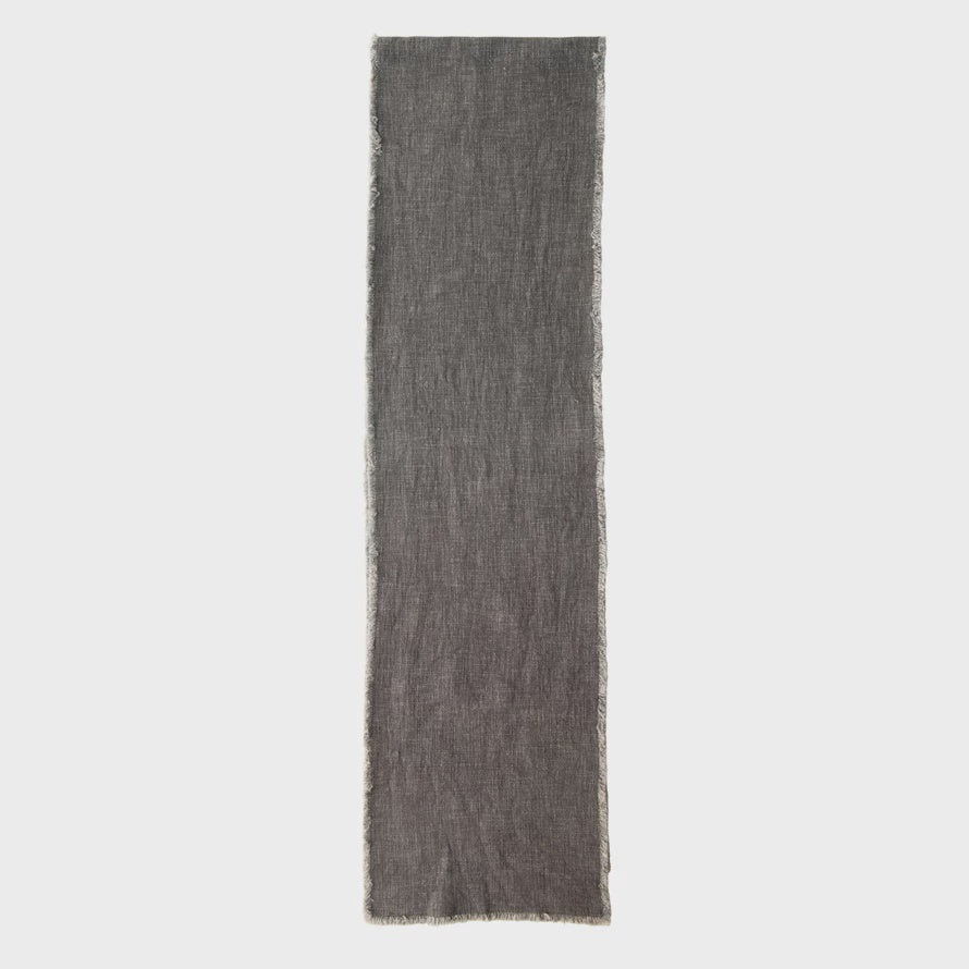 108"L x 14"W Linen Blend Table Runner w/ Frayed Edges, Charcoal Color