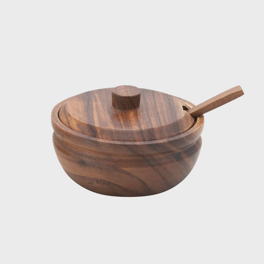 Acacia Wood Covered Bowl with Spoon, Set of 2