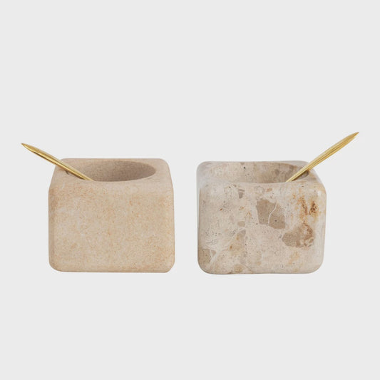 Marble/Sandstone Pinch Pot with Brass Spoon, Set of 2