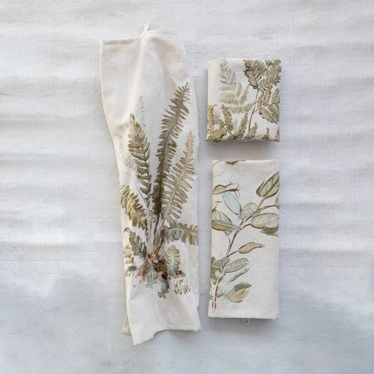 28"L x 18"W Cotton/Linen Blend Tea Towel w Botanical, 3 Sty