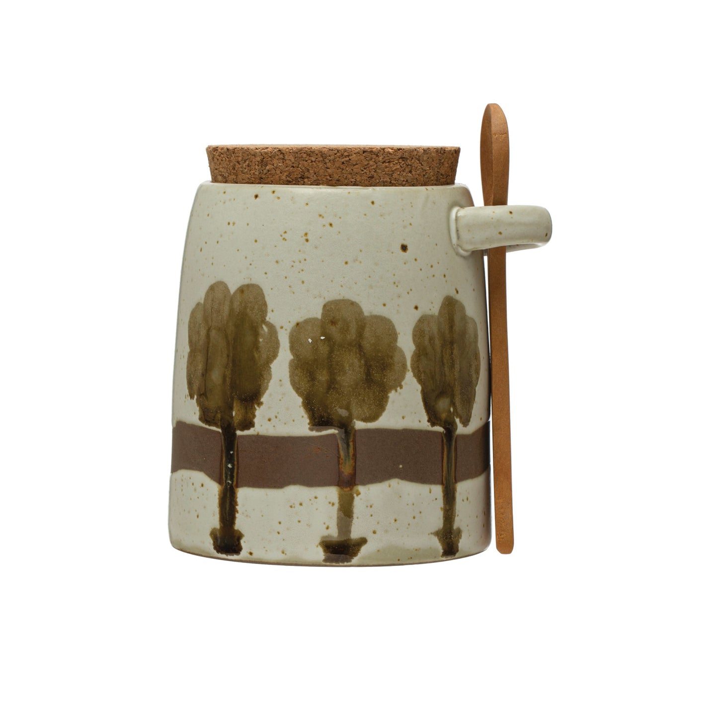 Hand-Painted Stoneware Jar w/ Trees, Cork Lid & Wood Spoon, Set of 2 (Each One Will Vary)