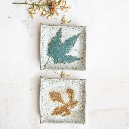 Stoneware Plate w/ Embossed Leaves, Reactive Glaze, Multi Color