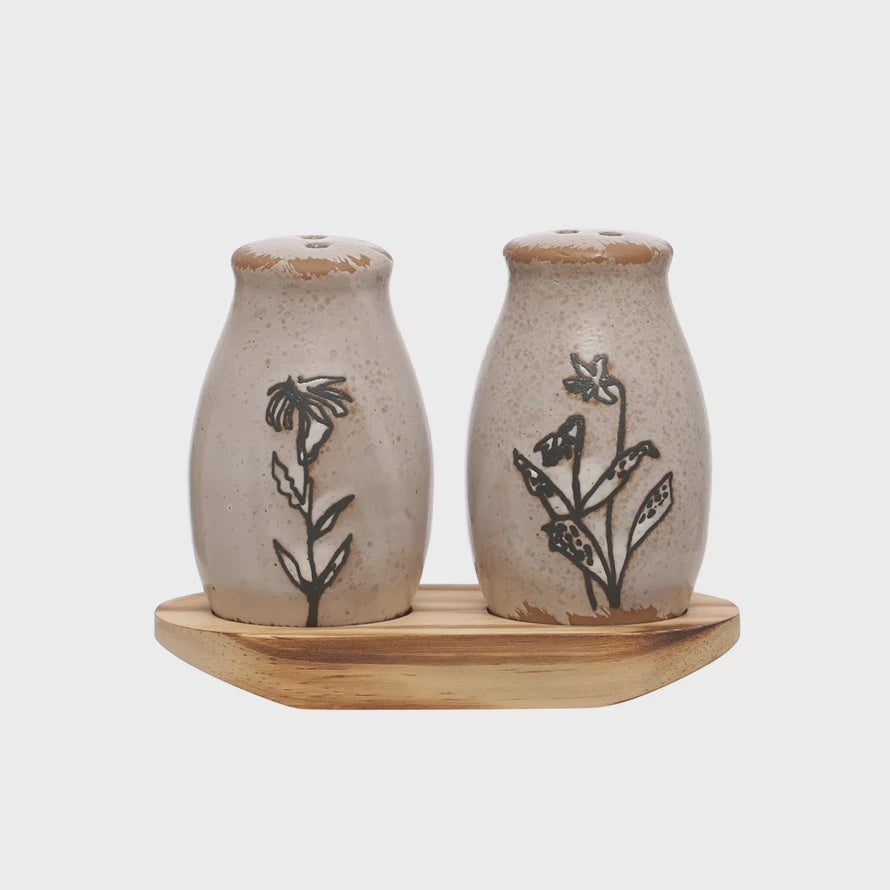 Stoneware Salt & Pepper Shakers w/ Tray
