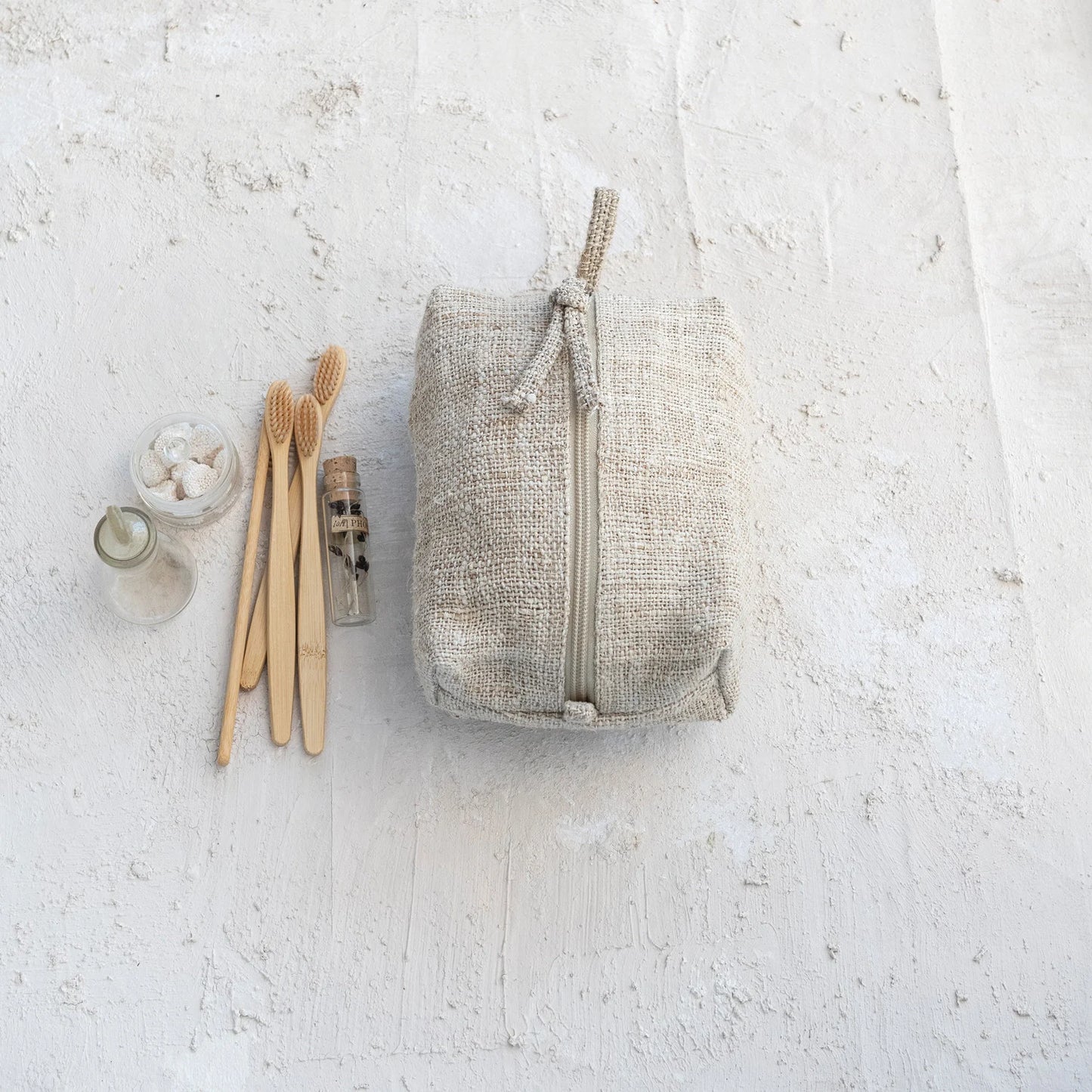 7"L x 5"W Woven Hemp Fiber Zip Pouch w/ Cotton Lining, Natural