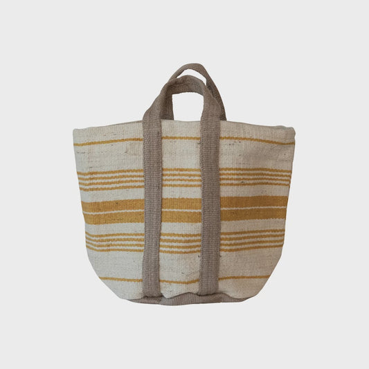 Jute & Cotton Tote Bag w/ Stripes & Handles, Cream Color, Mustard Color & Natural