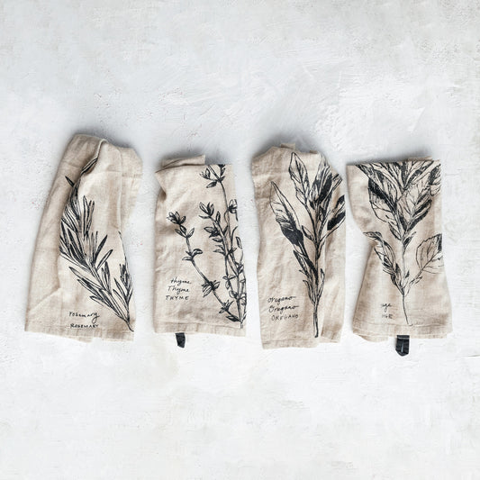 28"Lx18"W Linen Blend Printed Tea Towel w Saying, 4 Styles