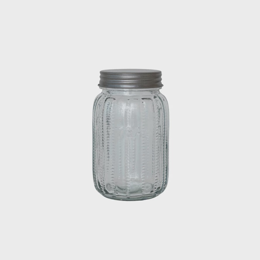 4" Rnd x 7"H Embossed Glass Jar w Metal Lid "Tea"