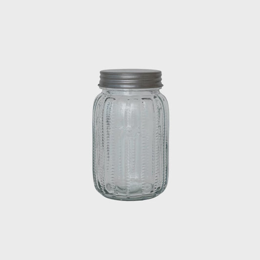 4" Rnd x 7"H Embossed Glass Jar w Metal Lid "Tea"