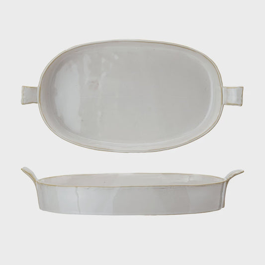 13-3/4"L x 2-1/4"H Stoneware Baker w Handles, White