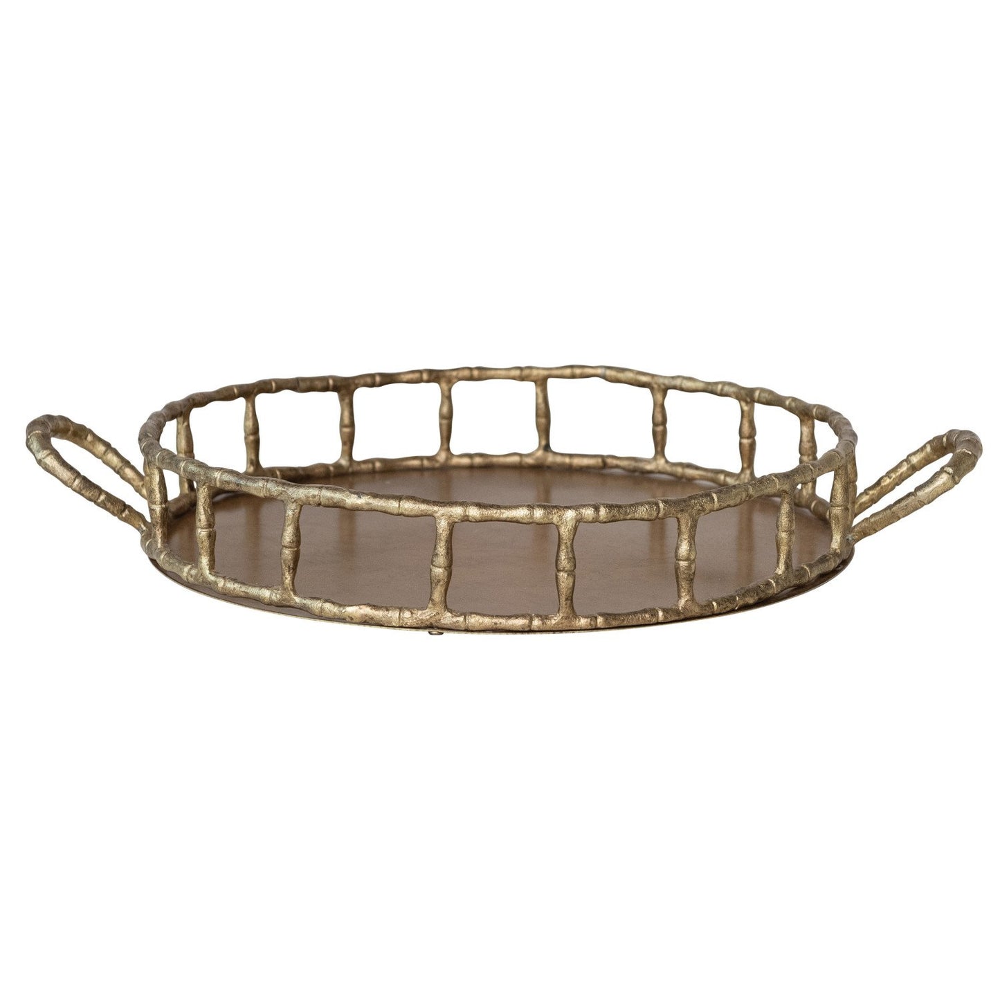 Cast Aluminum Faux Bamboo Tray w/ Handles, Brass Finish