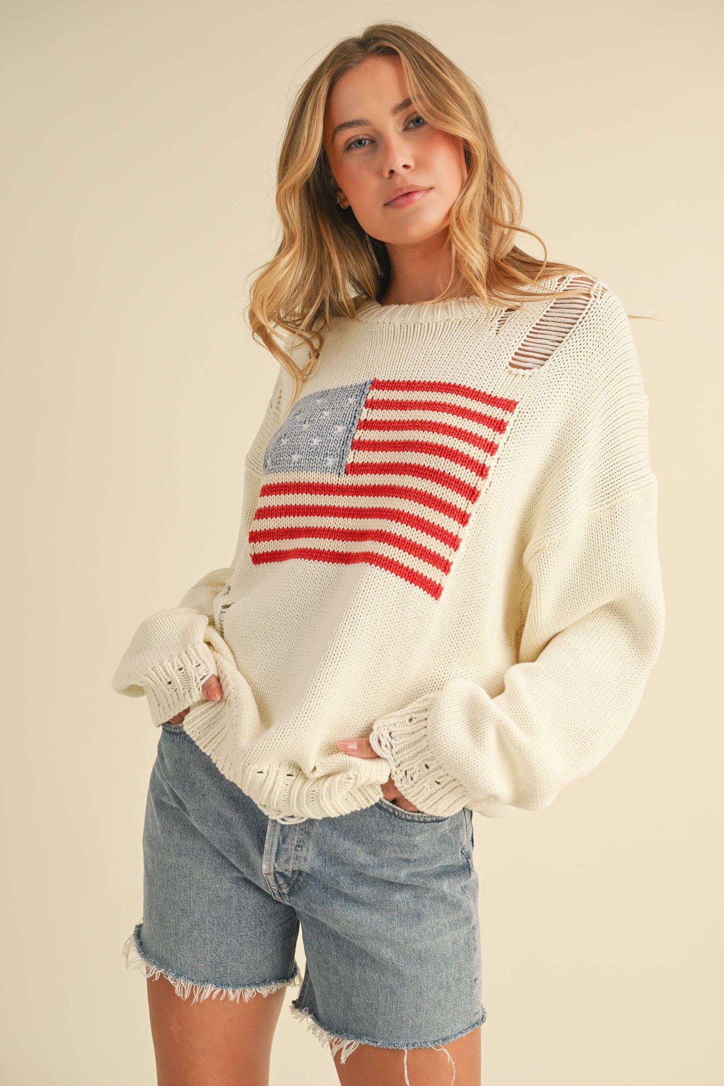 IT4043 FLAG DISTRESSED OVERSIZED KNIT SWEATER TOP