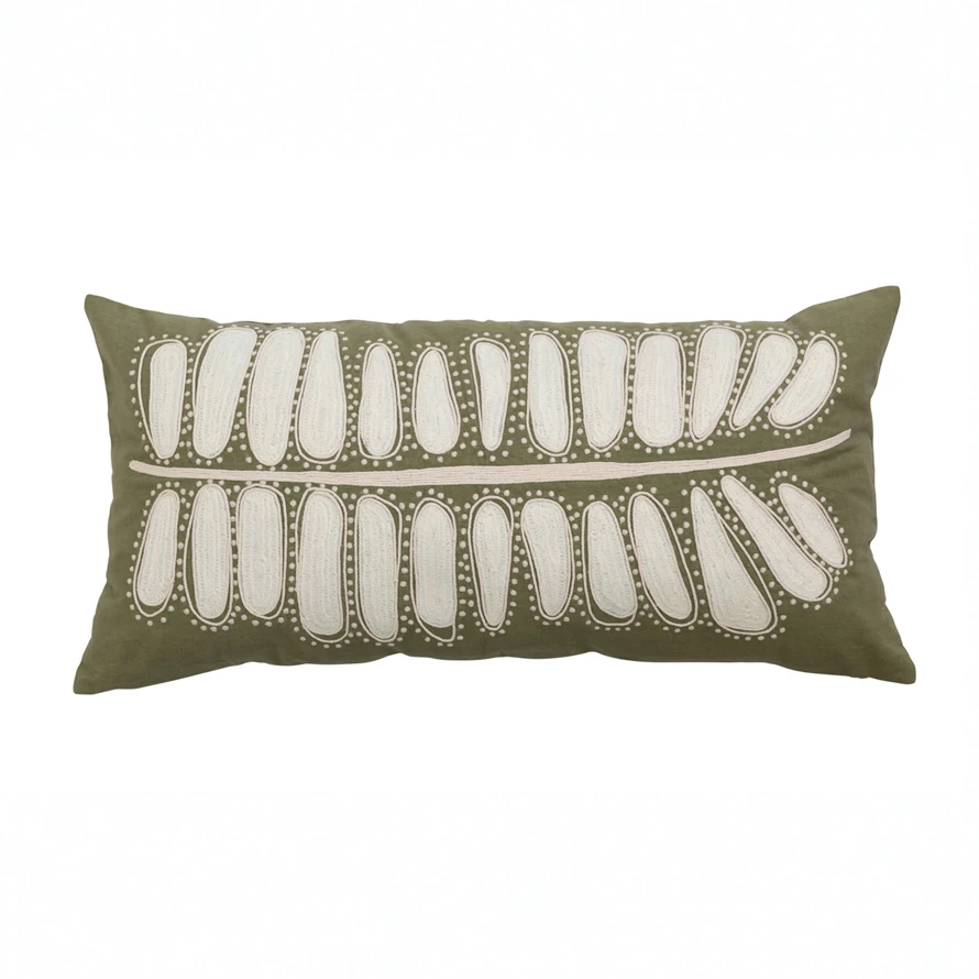 28"L x 14"W Cotton Lumbar Pillow w/ Leaf Embroidery