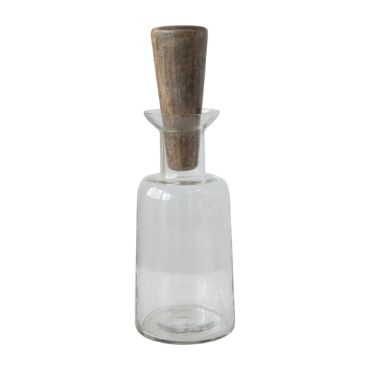 12" x 4" Round Glass Decanter w Mango Wood Stopper