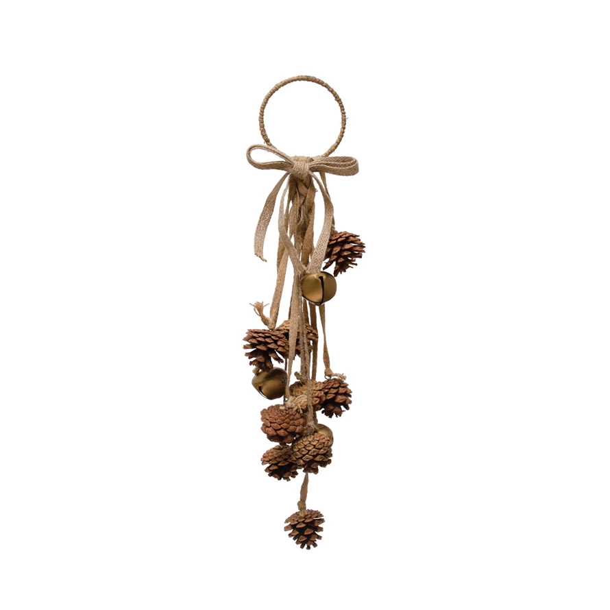 21"H Metal Ring Door Hanger w/ Natural Pinecones, Jingle Bells & Jute Bow