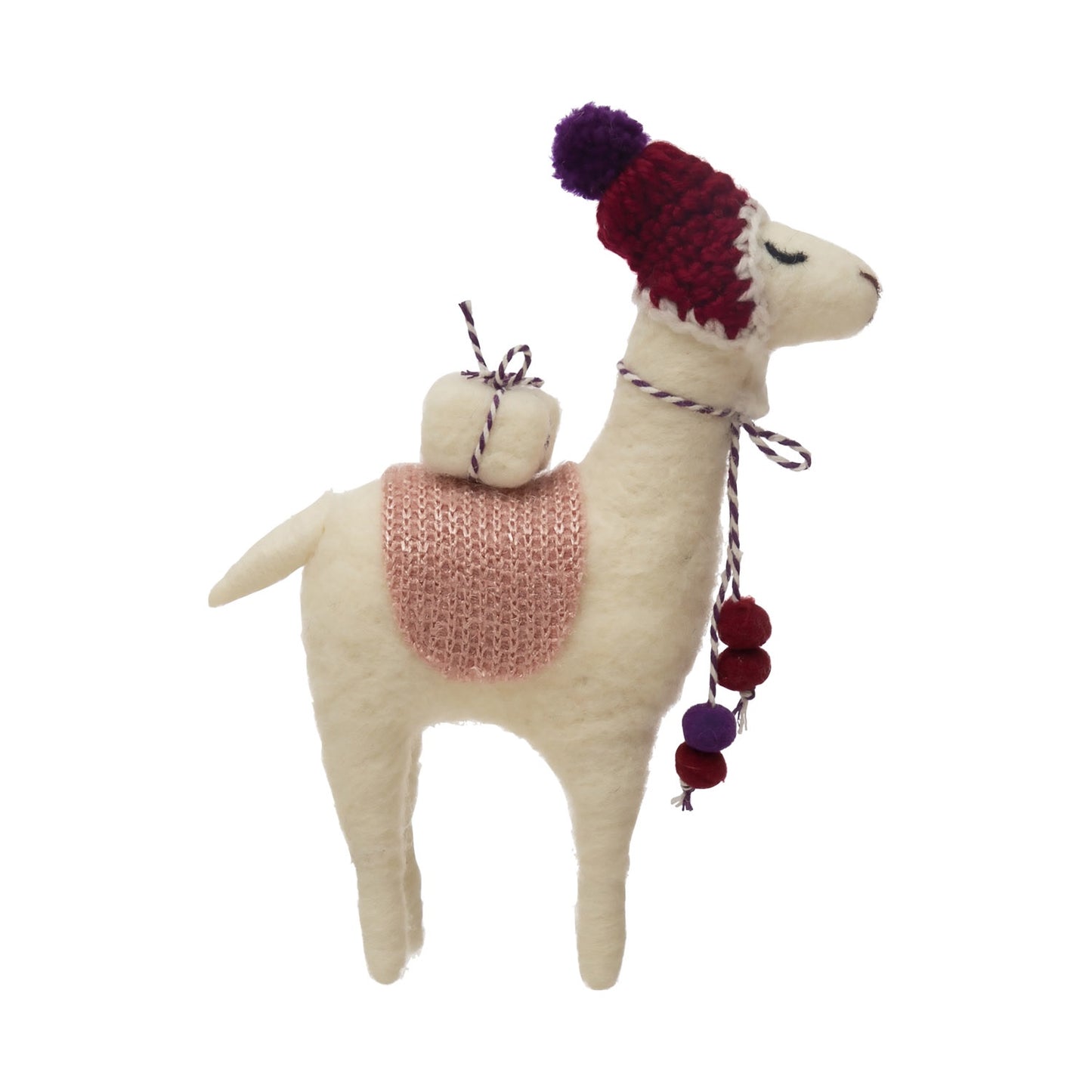6-1/2"L x 2"W x 8"H Wool Felt Llama with Pom Pom Hat and Gift